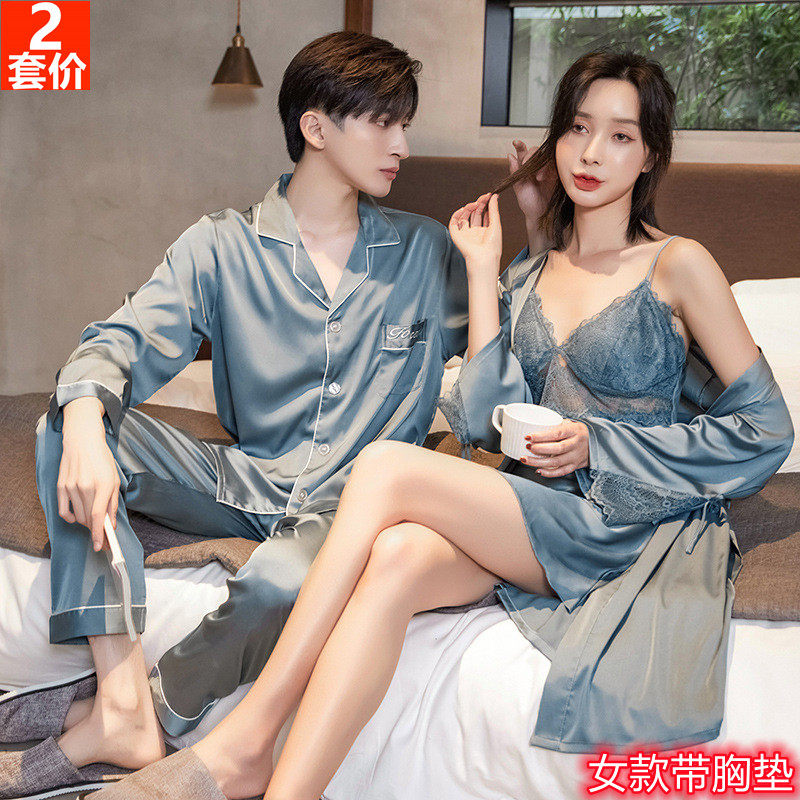 Couple Sleepwear Spring Autumn Ice Silk Harnesses Chest Cushion Sexy Thin Summer Sleeping Skirts Women Advanced Senses Men's Big Size Sleeping Robes