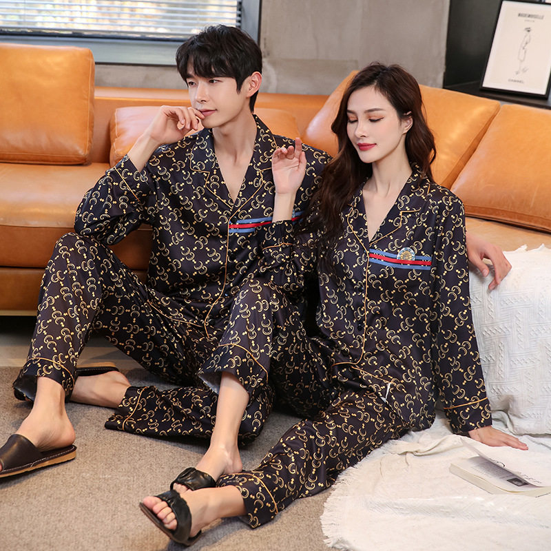 Couple pajamas women's spring and autumn ice silk thin section long-sleeved net red fashion men's Korean style imitation silk home service suit - Taobao