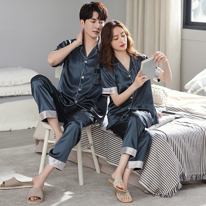 Couple pajamas women's summer ice silk thin section high-quality 2021 new short-sleeved trousers silk homewear suit