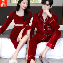 Couple sleepwear gold velvet autumn winter new advanced senses male and female long sleeve lace sleeping dress red wedding newlyweds