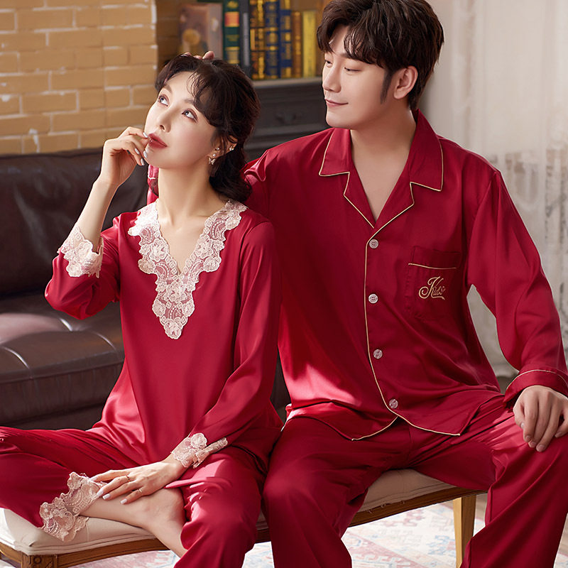 Couple pajamas spring and autumn ice silk thin section 2021 new high-end men and women long-sleeved silk red wedding suit