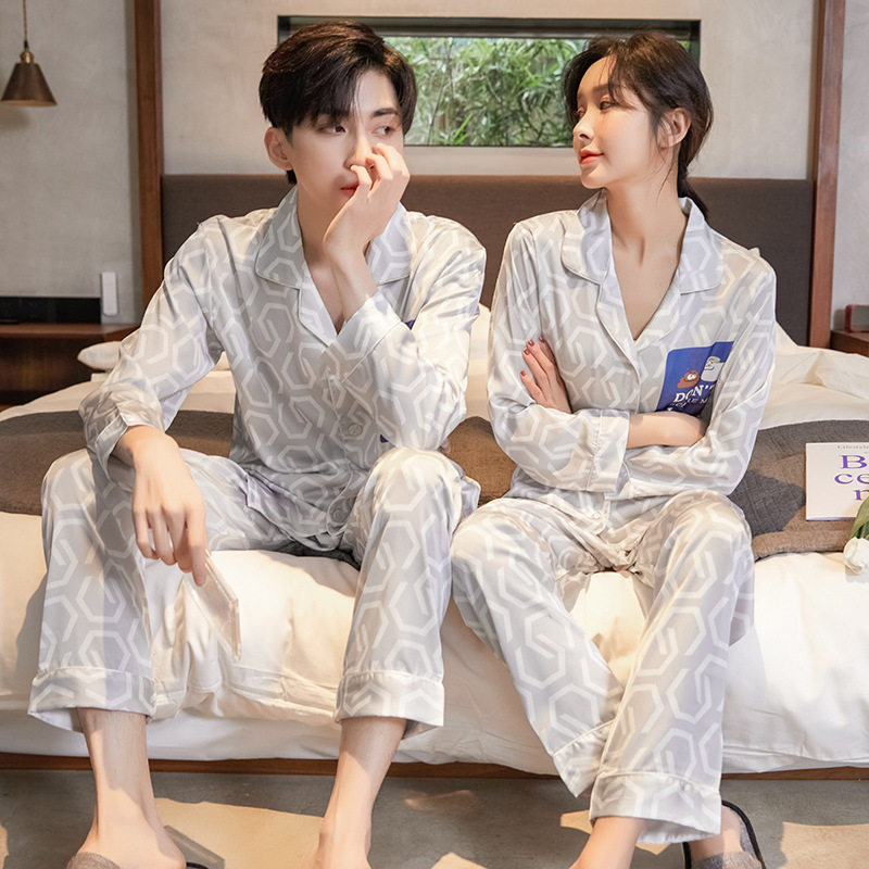 Couple pajamas spring and autumn style ice silk thin section long-sleeved net red men and women simulation silk Korean cardigan home service suit