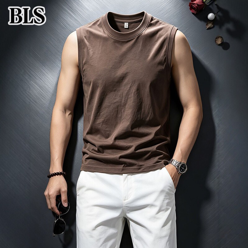 High-End Coffee-Colored Wide-Shoulder Vest for Men, Summer Thin Style, 2026 New Heavyweight Sports Breathable Sleeveless T-Shirt