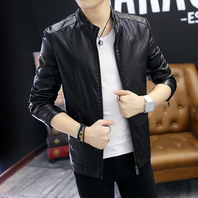 Tide brand autumn and winter new leather leather men slim Korean Youth plus velvet locomotive jacket casual jacket men