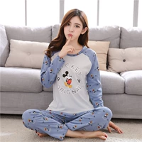 Bộ đồ ngủ nữ mùa xuân và mùa thu cotton dài tay dễ thương cho phụ nữ hai mảnh phù hợp với sinh viên Hàn Quốc có thể mặc nhà mùa đông đồ ngủ cặp