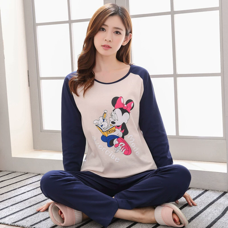 Bộ đồ ngủ cotton thường mùa xuân và mùa thu phụ nữ mùa thu quần dài tay phim hoạt hình cotton nữ phục vụ tại nhà bộ đồ mùa đông Phiên bản Hàn Quốc - Cha mẹ và con