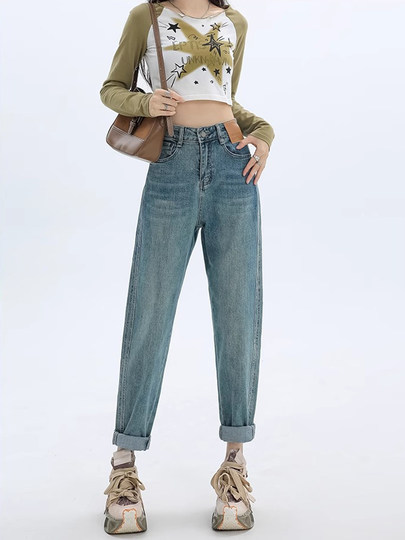 La Chapelle Retro Harem Jeans Damen Frühling und Herbst 2025 Neue Hohe Taille Schlank Plus Größe Papa Karotten Hosen