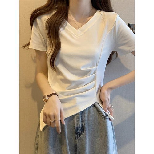 Розовая летняя футболка, V-образный вырез, 2025 года, облегающий крой