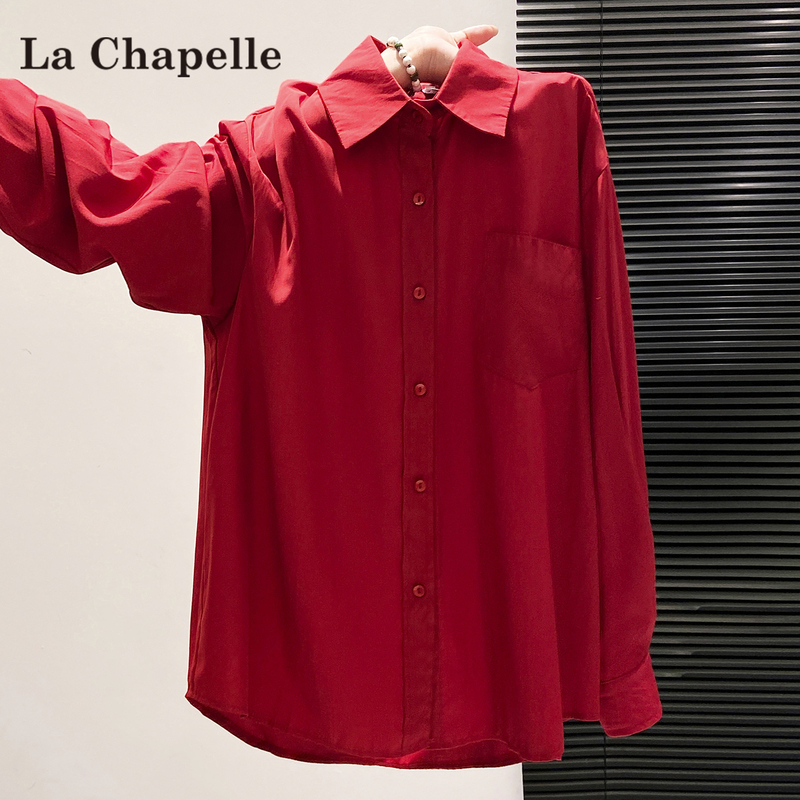 La Chapelle Red Polo Collar Long-Sleeved Shirt for Women, Summer 2026, Thin, Loose, Casual, Sun-Protective Jacket Top
