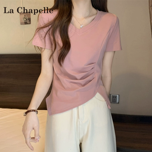 Розовая летняя футболка, V-образный вырез, 2025 года, облегающий крой