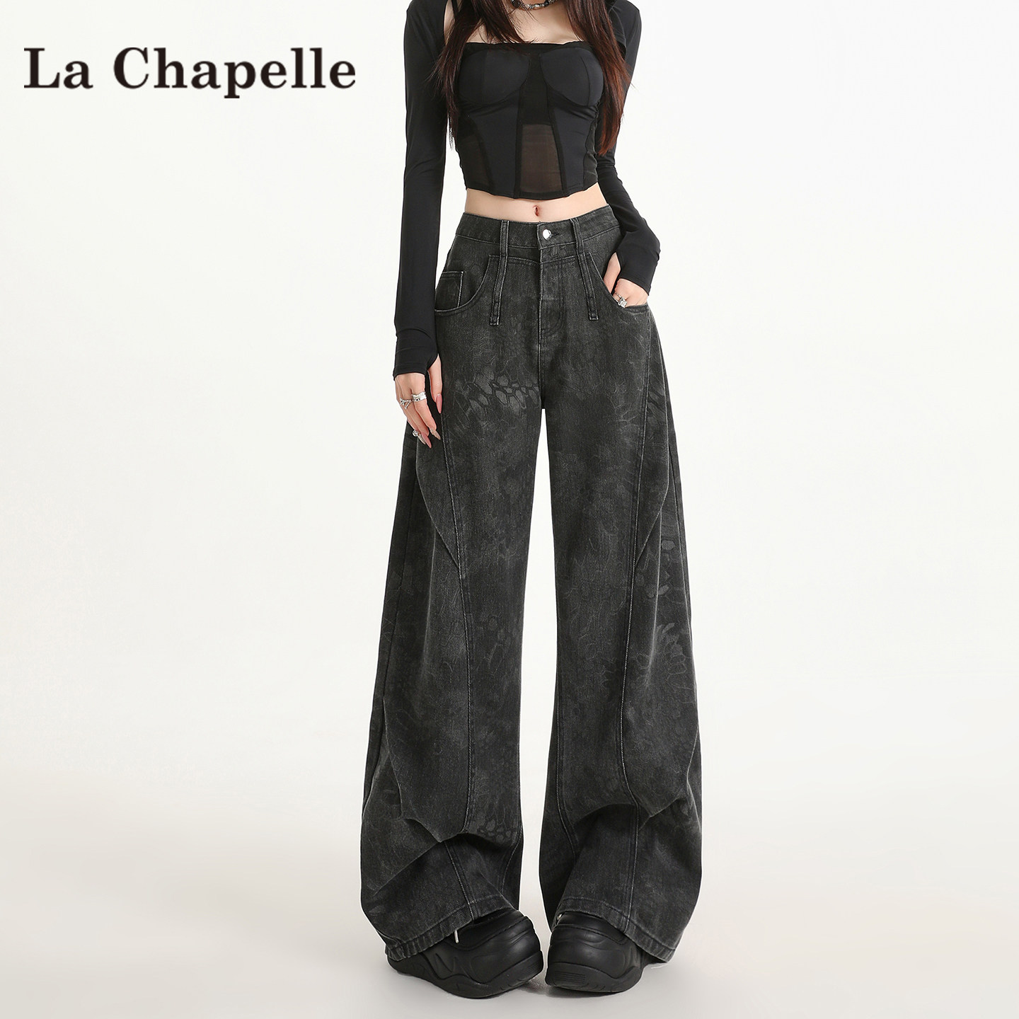 La Chapelle กางเกงยีนส์ขาบาน พิมพ์ลายสีดำและสีเทา สำหรับผู้หญิง ฤดูใบไม้ร่วงปี 2026 คอลเลกชันใหม่ กางเกงขาตรงทรงกรวย เอวสูง