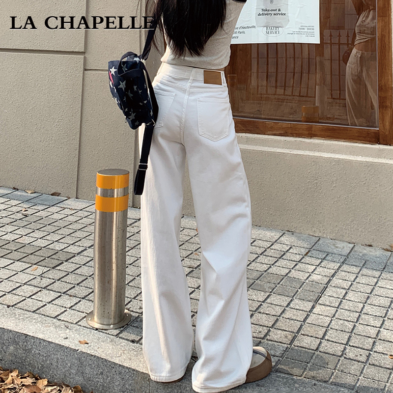 La Chapelle ホワイト ワイドレッグ ジーンズ レディース 2025年春新作 ハイウエスト ルーズ スリム ドレープ ストレート パンツ