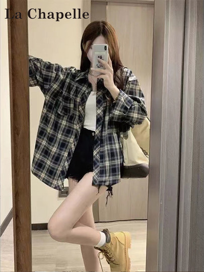 La Chapelle American Retro Plaid Shirt for Women, Autumn and Winter 2025 New Loose Long-Sleeved Shirt Jacket Top