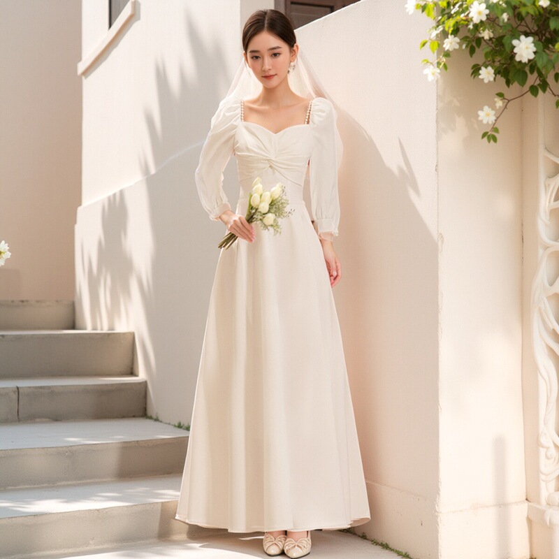 French Hepburn Style Stunning Light Wedding Dress, Can Be Worn Daily, White Long-Sleeved Dress, Small Dress for Marriage Registration, Autumn and Winter