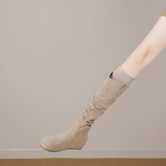 Genuine Leather Inner Height-Increasing Knee-High Pleated Long Boots for Petite Women, 2025 Autumn and Winter European and American Style High Boots