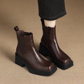Genuine Leather British Style Thick-Soled Trendy Street-Style Short Boots for Women, 2025 Autumn and Winter, Super Stylish, Fleece-Lined, Perfect to Pair with a Coat, Martin Boots