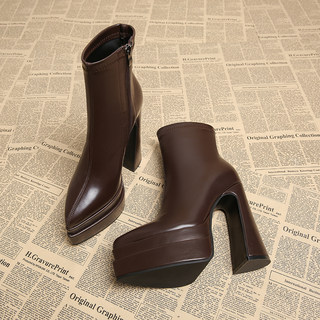 Genuine Leather, Stunningly Beautiful, Ultra-High Heels for Women, 2025 Autumn and Winter, Super Popular French-Style Pointed Toe, Height-Increasing Short Boots for Petite Women