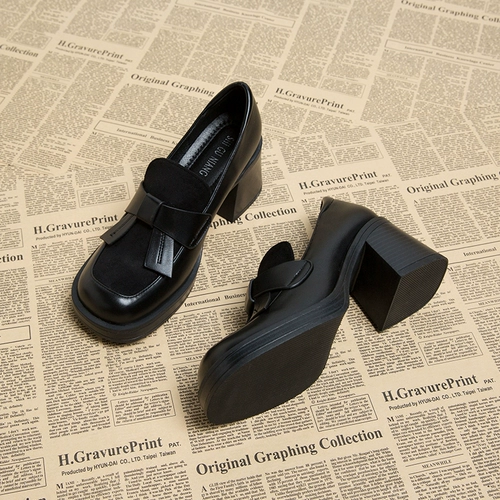 [2025春季新款秋鞋子高跟黑色粗跟单鞋女配裙子百搭厚底乐福小皮鞋]