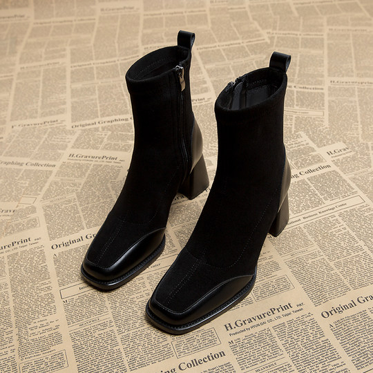 2025 Chunky Heel Trendy Spring and Autumn High-End Slim Boots for Women, Autumn and Winter Brown High-Heeled Short Boots, Early Autumn French Style Ankle Boots