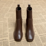 Martens, осенние эластичные коричневые короткие сапоги с квадратным носком на каблуке, широкий устойчивый каблук, подходят для весны и осени