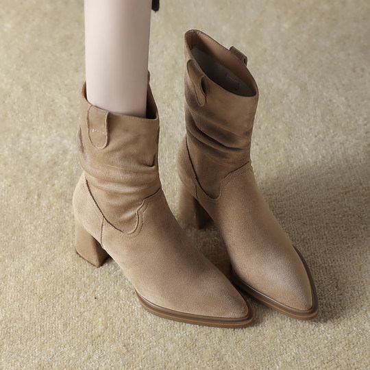 Genuine Leather Maillard Autumn Style Super Popular French Street Style Short Boots for Women 2025 Autumn and Winter New High-Heeled Mid-Calf Fashion Boots