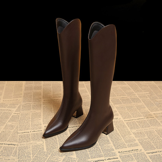 Genuine Leather Stunning Early Autumn Long Boots for Women 2025 Autumn and Winter New Style Elegant Pointed Toe Brown Coffee Color High-Heeled Boots