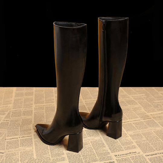 Genuine Leather Pointed-Toe Elegant Autumn Long Boots 2025 Autumn and Winter New Style Women's High-End Black High-Heeled Boots