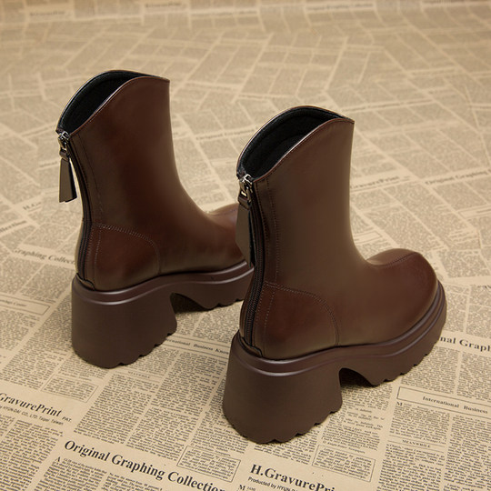 Genuine Leather Platform High-Heeled Super Popular Short Boots for Women, Trendy in 2025 Autumn and Winter, New European and American Style Thick-Soled Boots
