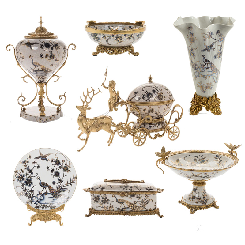 American French European ceramic with copper decoration Pringle hall Fireplace entrance Fruit plate vase Tissue box Gift ornament