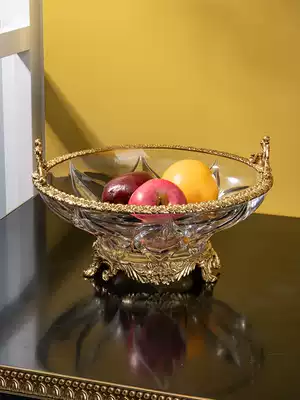 European-style luxury high-end fruit basin crystal glass inlaid copper decoration living room household high-legged fruit plate transparent jewelry ornaments