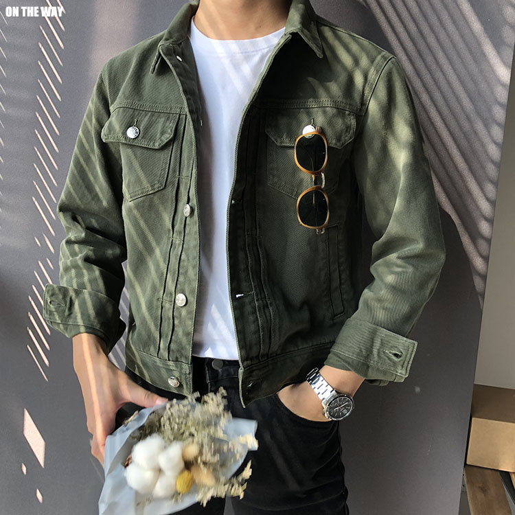 Mùa xuân 2019 chất lượng quân đội màu xanh lá cây phiên bản Hàn Quốc của chiếc áo khoác denim tự canh ngắn dành cho nam - Áo khoác đôi áo gió nam