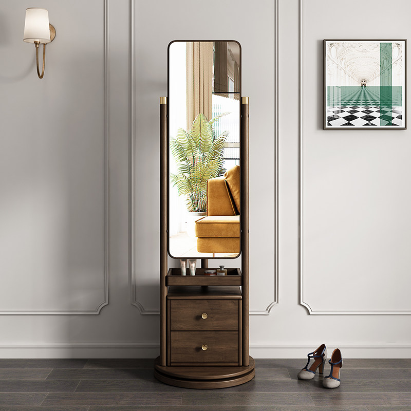 Retro solid wood dressing mirror home bedroom full body mirror boxwood floor mirror ancient wabi sabi wind rotating fitting mirror