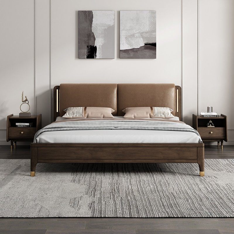 Retro wabi-sabi style solid wood bed modern minimalist Nordic 1 8m double bed Middle-aged boxwood high box storage bed