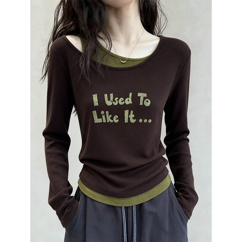Very Stylish Fake Two-Piece Long-Sleeve T-Shirt with Layered Color-Blocking Design, 2026 Autumn New Casual and Age-Reducing Top