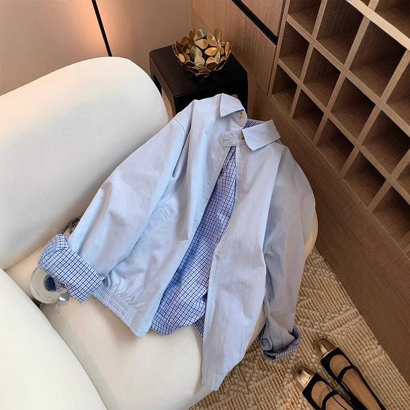 French-Style Blue Casual Plaid Reversible Trench Coat, Spring and Autumn Design, Unique and Versatile Jacket Top French-Style Blue Casual Plaid Reversible Trench Coat, Spring and Autumn Design, Unique and Versatile Jacket Top