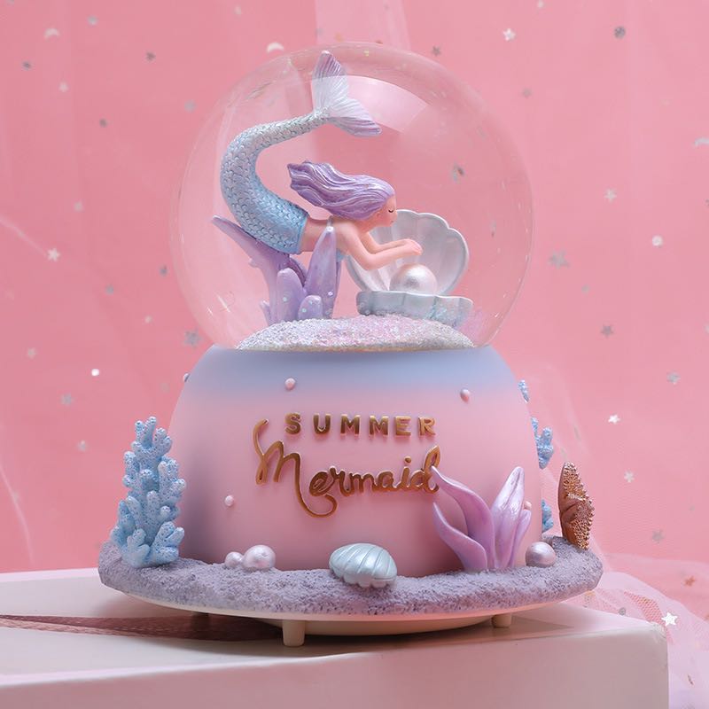 Cartoon Mermaid Crystal Ball Transparent Fantasy Rotating Music Box Ball Girl Princess Gift Large Snowflake Lamp
