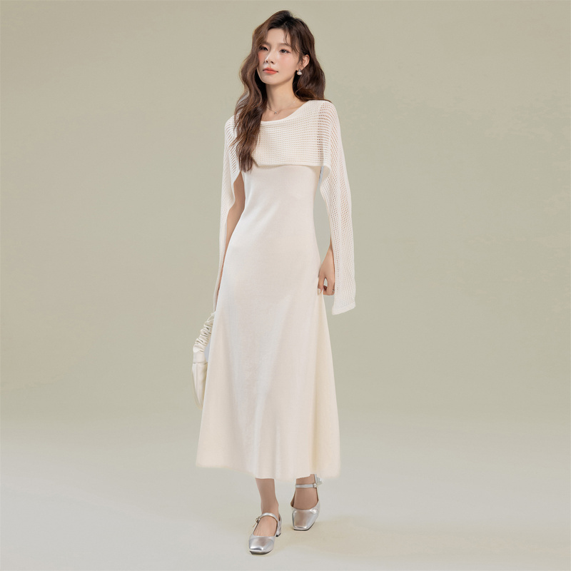 2026 Spring/Summer French Style New Elegant Patchwork Cape Shawl Collar Dress Fake Two-Piece Elegant Mid-Length Dress for Women