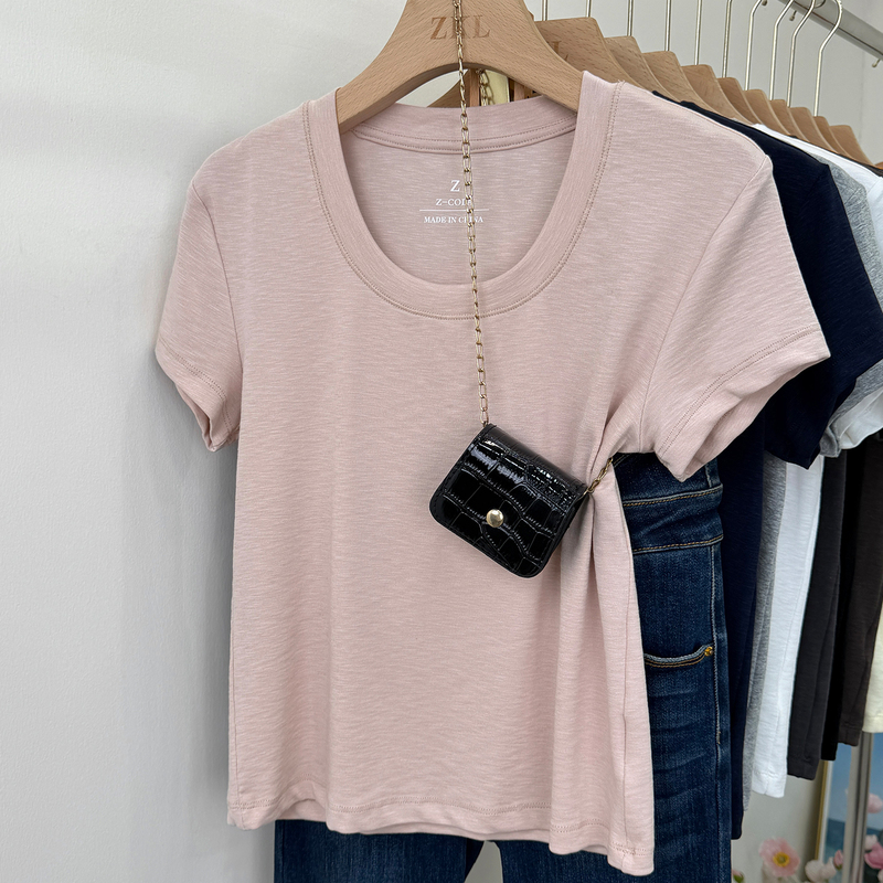 Japanese Basic U-Neck T-Shirt for Petite People, Round Neck, Regular Shoulder, Short Sleeves, 2026 Summer, Stretchy Casual Short Top Japanese Basic U-Neck T-Shirt for Petite People, Round Neck, Regular Shoulder, Short Sleeves, 2026 Summer, Stretchy Casual Short Top