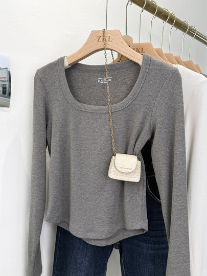广州十三行秋冬薄绒t恤长袖方领露锁骨性感修身短款净色打底上衣