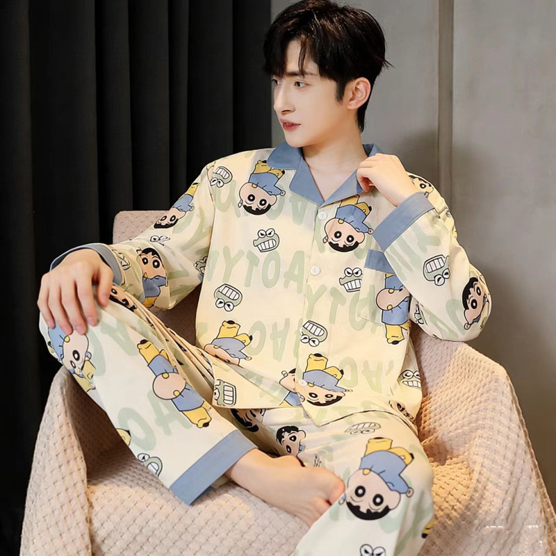 2026 New Cloud-Like Comfortable Cartoon Long-Sleeve Long Pants Striped Spring and Autumn Thin Men's Pajamas Loungewear Set