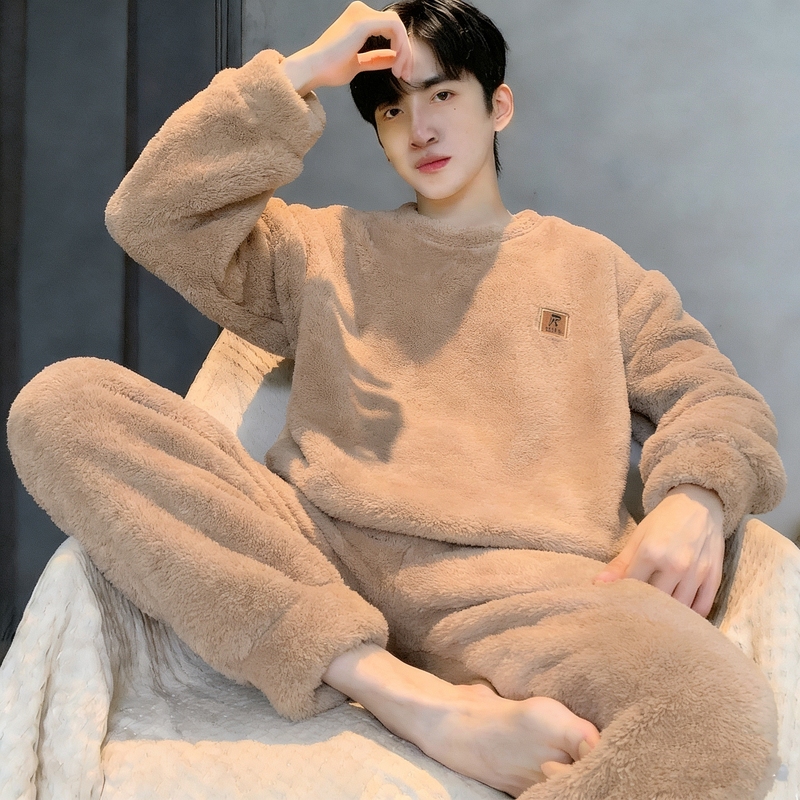 New Autumn and Winter Pajamas for Men, Thickened and Fleece-Lined, Coral Fleece, Winter Flannel, Warm Home Wear Set for Boys