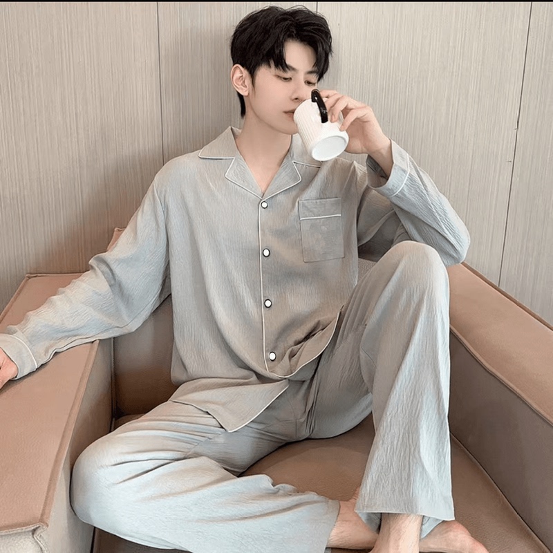 Yunduomian Men's Pajamas Long-Sleeved Long Pants Spring and Autumn Korean Style Solid Color Thin Casual Large Size Home Wear Set