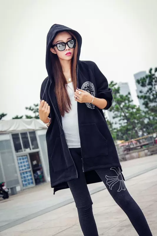 Hồng Kông phụ nữ rhinestone mùa xuân và mùa thu giữa áo len dài giải trí áo hoodie lỏng phía trước ngắn và dài trở lại áo khoác không đều - Áo len