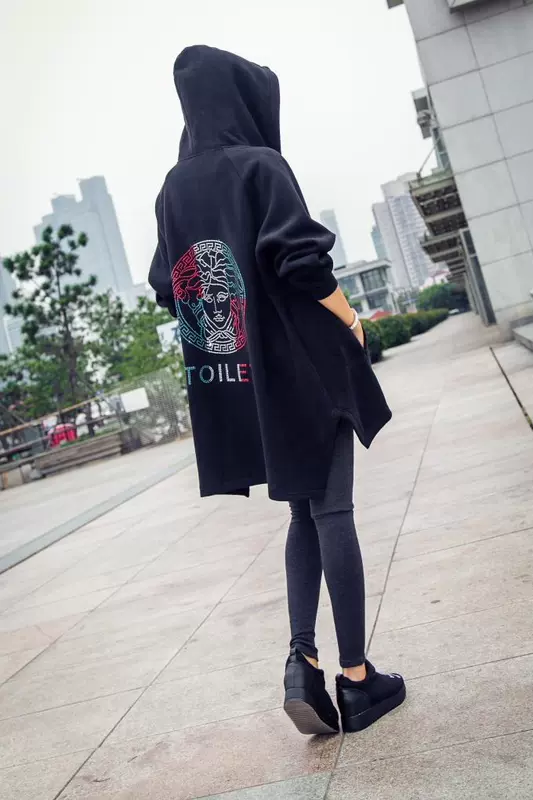 Hồng Kông phụ nữ rhinestone mùa xuân và mùa thu giữa áo len dài giải trí áo hoodie lỏng phía trước ngắn và dài trở lại áo khoác không đều - Áo len