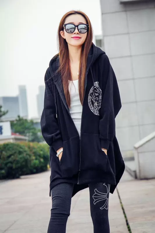 Hồng Kông phụ nữ rhinestone mùa xuân và mùa thu giữa áo len dài giải trí áo hoodie lỏng phía trước ngắn và dài trở lại áo khoác không đều - Áo len