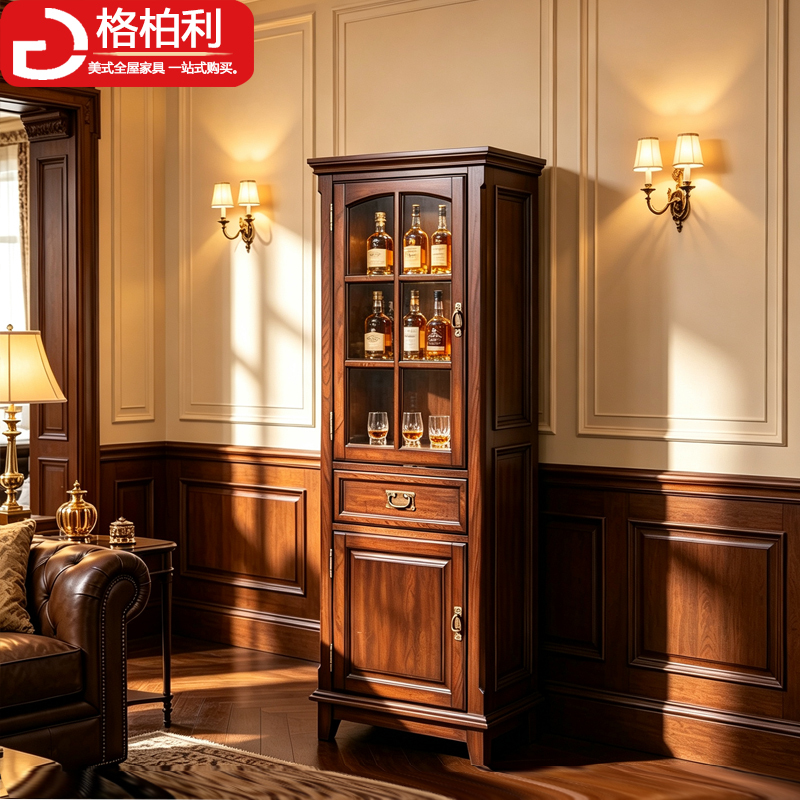 American-Style Wine Cabinet, Tv Side Cabinet, Solid Wood Single-Door Cabinet, European-Style Retro Living Room Display Cabinet, Wall-Mounted Storage Small Wine Cabinet