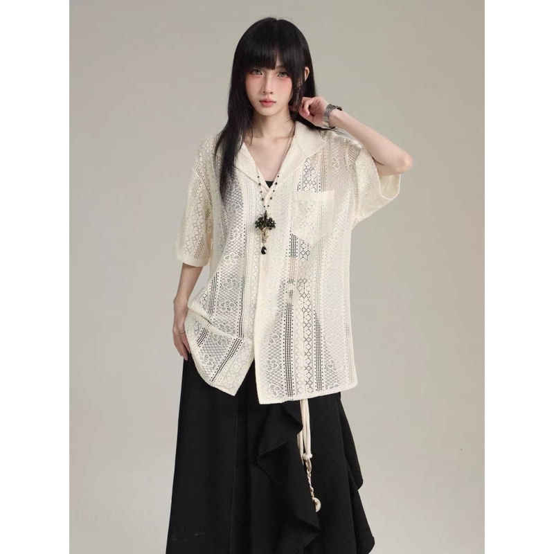 American Vintage Cuban Collar Hollow Knit Shirt for Men, Lace Loose Short-Sleeved Large Collar Sun Protection Work Shirt