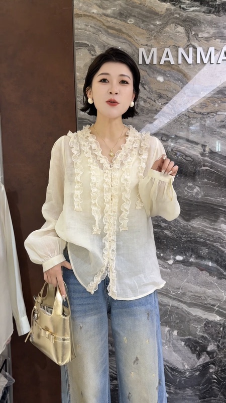 Manman's 2026 Spring New Lace Crochet Floral Ruffle Slightly Sheer Sweet Style Versatile High-End Women's Shirt