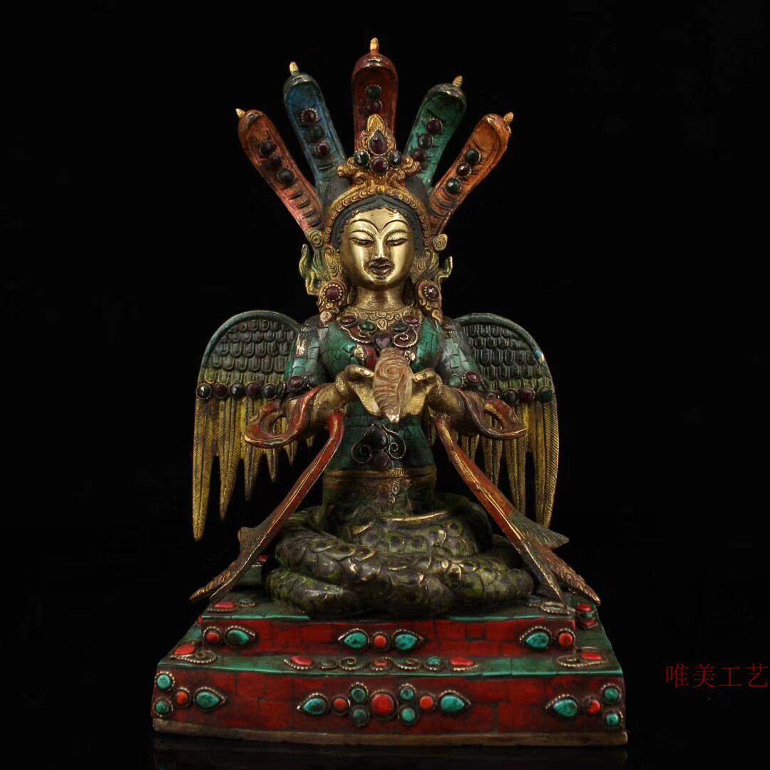 Gu Yixuan old pure copper handmade inlaid gemstones painted gold dragon tree bodhisattva