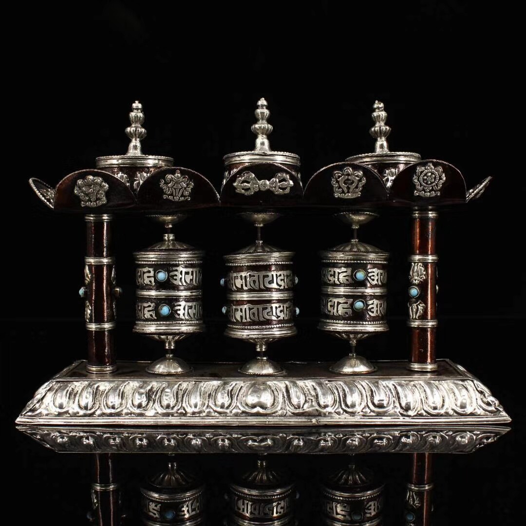 Ancient Yixuan pure hand built with inlaid jewel red copper-silver auspicious eight-treasure transfer warp wheel